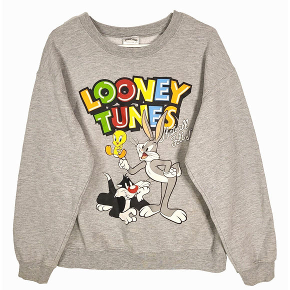 Looney Tunes Graphic Sweatshirt Juniors Large 11-13 Gray Crewneck Casual FLAWS - Picture 1 of 10